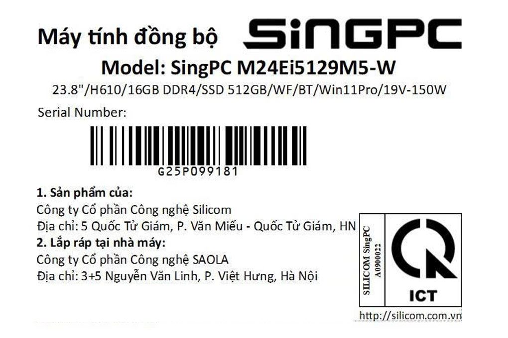 SingPC AIO M24Ei5129M5-W i5 12400/16GB/512GB/23.8" FullHD/Bàn Phím/Chuột/Win11Pro Màu Đen