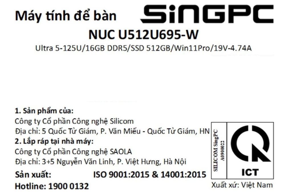 MiniPC SingPC NUC U512U695-W Ultra 5 125U/16GB/512GB/Win11Pro Màu Đen