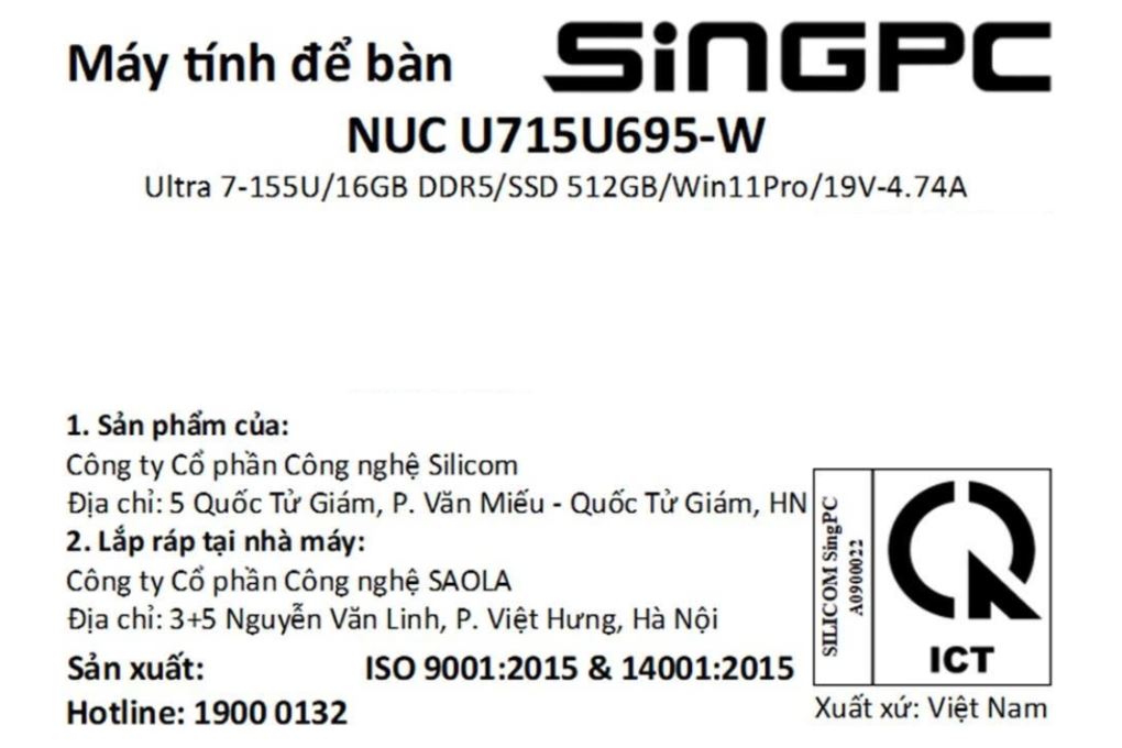 MiniPC SingPC NUC U715U695-W Ultra 7 155U/16GB/512GB/Win11Pro Màu Đen