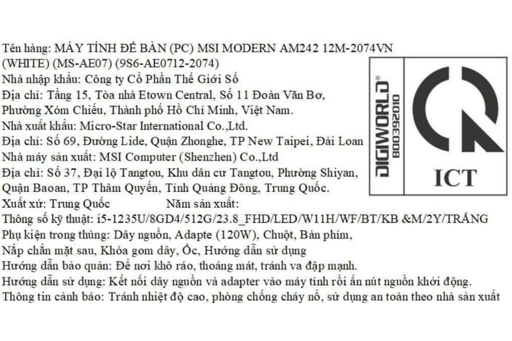 MSI AIO Modern AM242 12M i5 1235U/8GB/512GB/23.8" Full HD/Bàn phím/Chuột/Win11 Trắng Màu Trắng