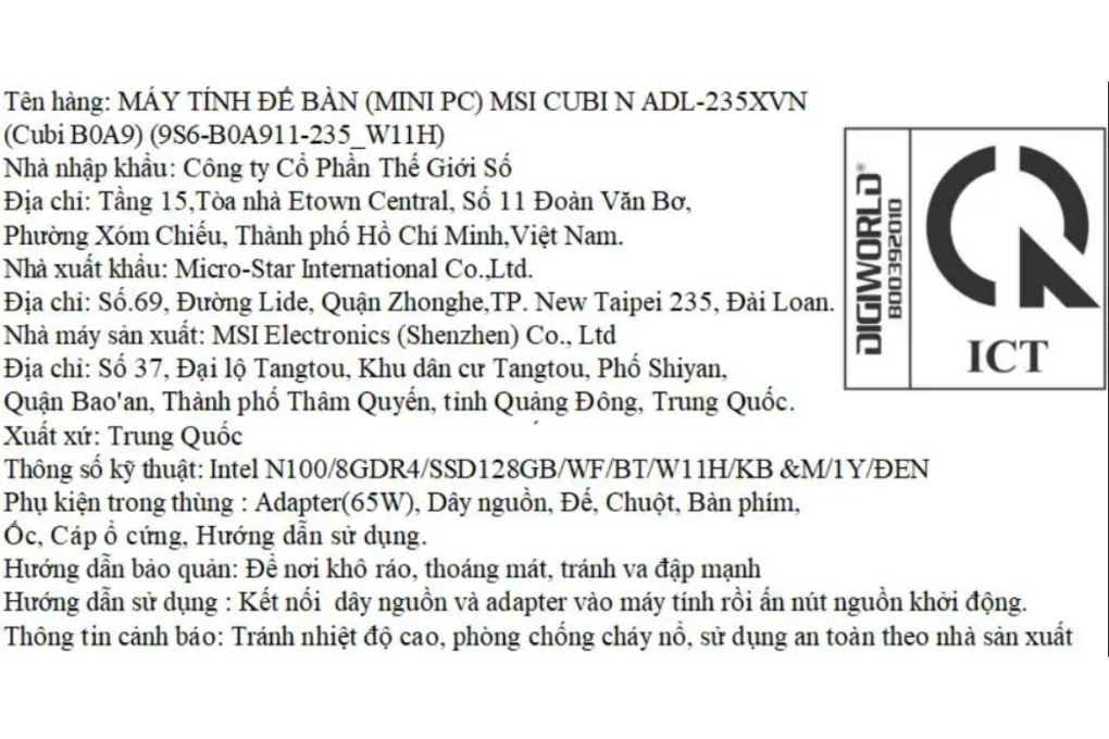 MiniPC MSI CUBI N ADL-235XVN N100/8GB/128GB/Bàn Phím/Chuột/Win11 Màu Đen