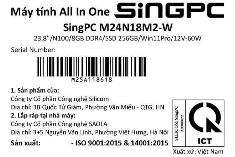 SingPC AIO M24N18M2-W N100/8GB/256GB/23.8" Full HD/Bàn Phím/Chuột/Win11Pro Màu Trắng