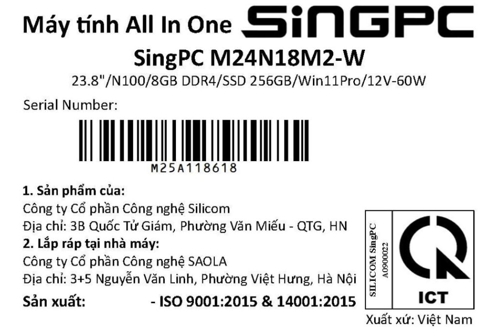 SingPC AIO M24N18M2-W N100/8GB/256GB/23.8" Full HD/Bàn Phím/Chuột/Win11Pro Màu Trắng