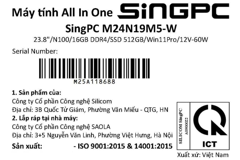 SingPC AIO M24N19M5-W N100/16GB/512GB/23.8" Full HD/Bàn Phím/Chuột/Win11Pro Màu Trắng