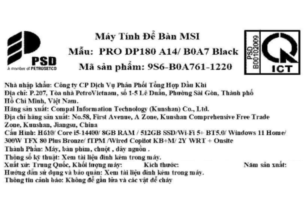 MSI Pro DP180 i5 14400/8GB/512GB/Bàn phím/Chuột/Win11 (9S6-B0A761-1220) Màu Đen