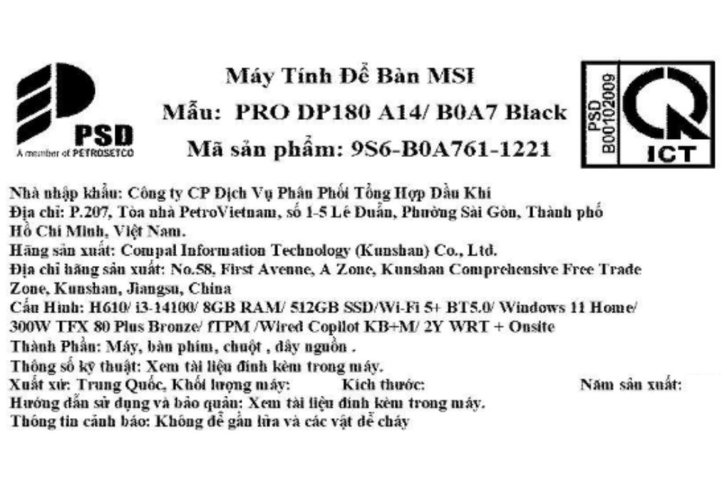 MSI Pro DP180 i3 14100/8GB/512GB/Bàn phím/Chuột/Win11 (9S6-B0A761-1221) Màu Đen