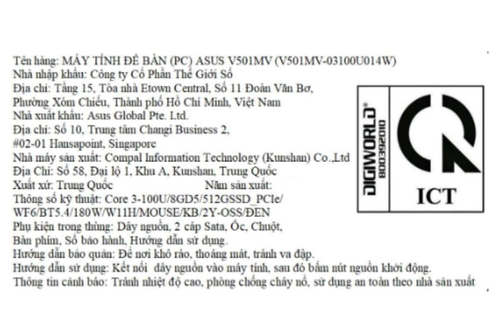 ASUS V501MV Core 3 100U/8GB/512GB/Bàn Phím/Chuột/Win11 (V501MV-03100U014W) Màu Đen
