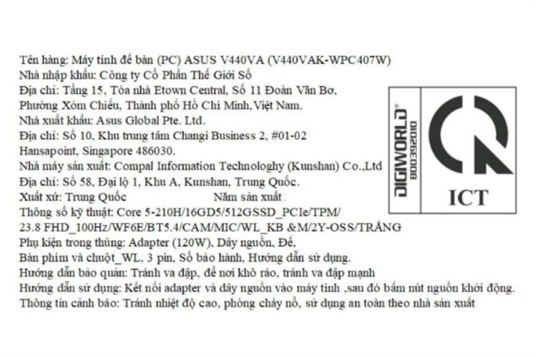 ASUS AIO V440VA Core 5 210H/16GB/512GB/23.8''Full HD/Bàn phím/Chuột/Win11 (V440VAK-WPC407W) Màu Trắng