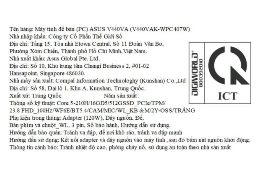 ASUS AIO V440VA Core 5 210H/16GB/512GB/23.8''Full HD/Bàn phím/Chuột/Win11 (V440VAK-WPC407W) Màu Trắng