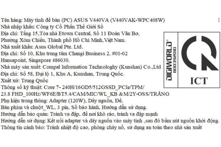 ASUS AIO V440VA Core 7 240H/16GB/512GB/23.8"Full HD//Bàn phím/Chuột/Win11 (V440VAK-WPC408W) Màu Trắng