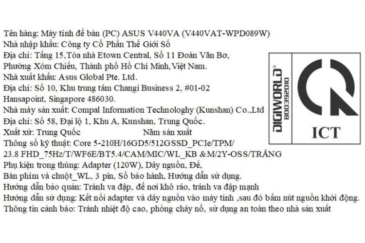 ASUS AIO V440VA Core 5 210H/16GB/512GB/23.8"Full HD/Touch/Bàn phím/Chuột/Win11 (V440VAT-WPD089W) Màu Trắng