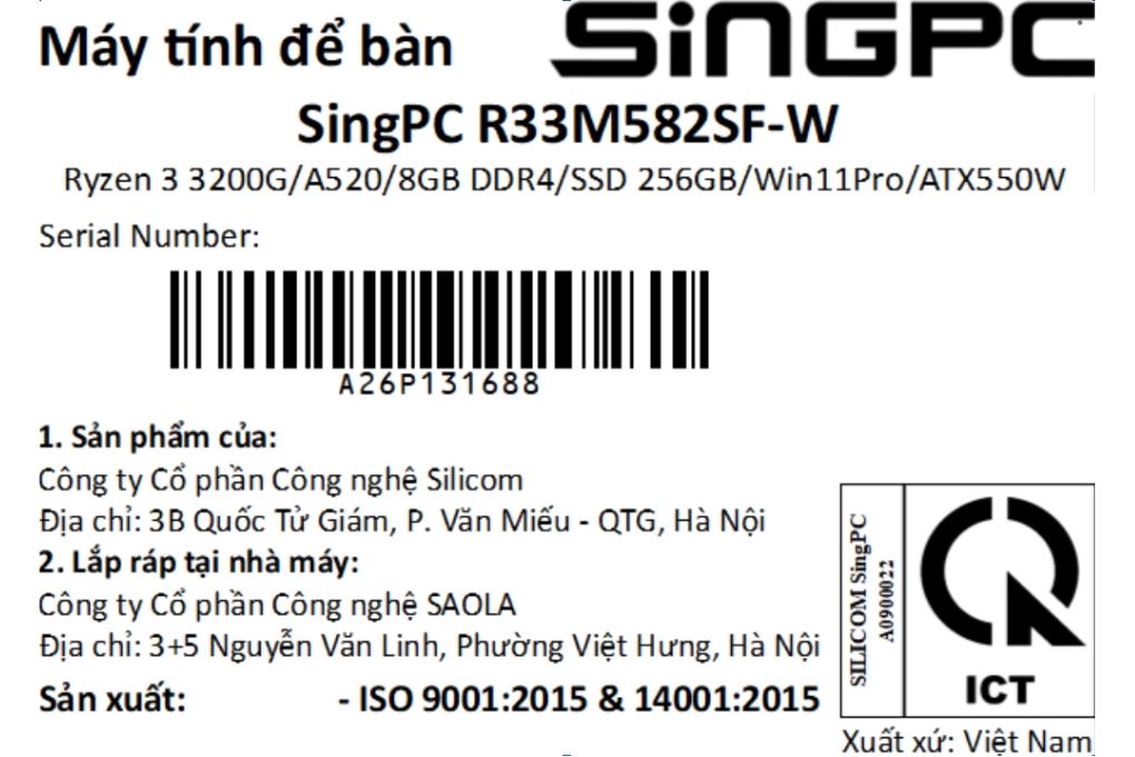 SingPC R33M582SF-W R3 3200G/8GB/256GB/Bàn phím/Chuột/Win11Pro Màu Đen