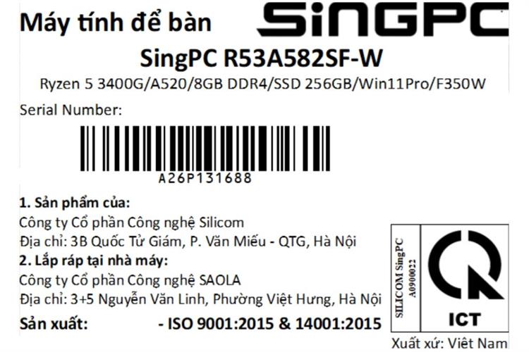 SingPC R53A582SF-W R5 3400G/8GB/256GB/Bàn phím/Chuột/Win11Pro Màu Đen