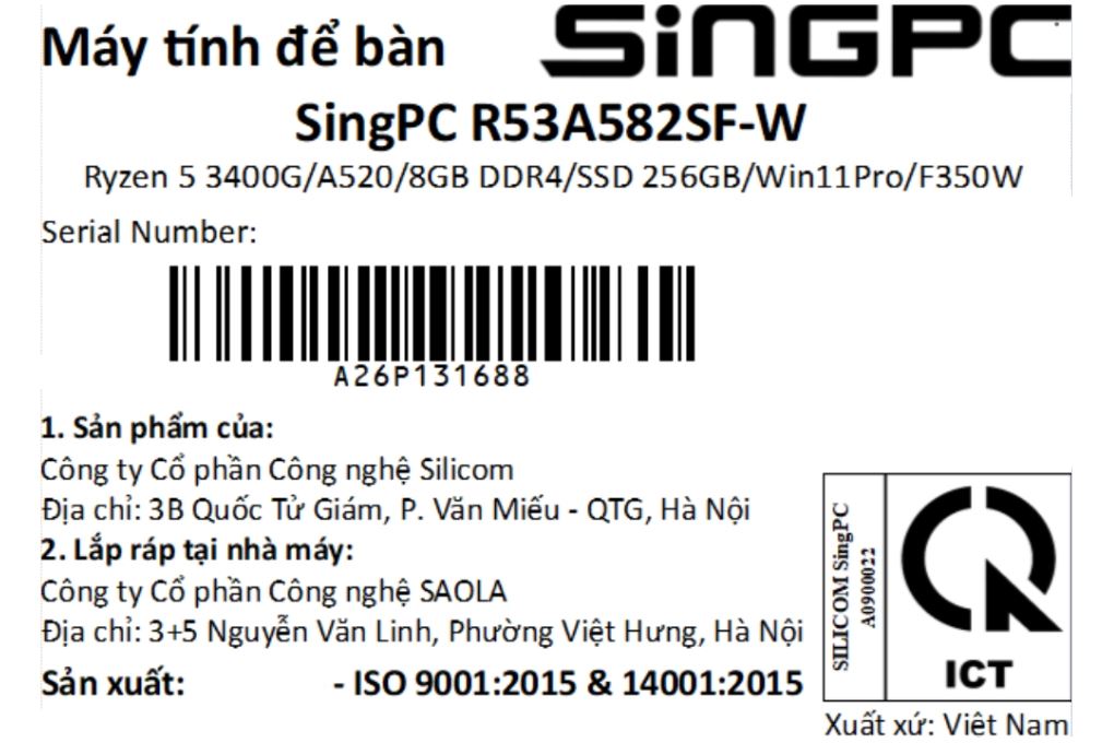 SingPC R53A582SF-W R5 3400G/8GB/256GB/Bàn phím/Chuột/Win11Pro Màu Đen