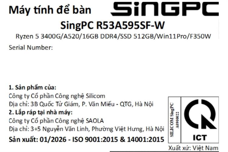 SingPC R53A595SF-W R5 3400G/16GB/512GB/Bàn phím/Chuột/Win11Pro Màu Đen