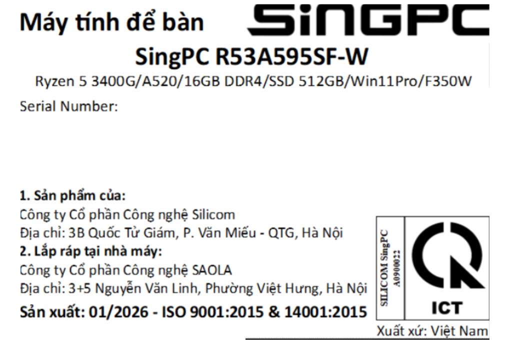 SingPC R53A595SF-W R5 3400G/16GB/512GB/Bàn phím/Chuột/Win11Pro Màu Đen