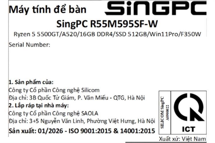 SingPC R55M595SF-W R5 5500GT/16GB/512GB/Bàn phím/Chuột/Win11Pro Màu Đen