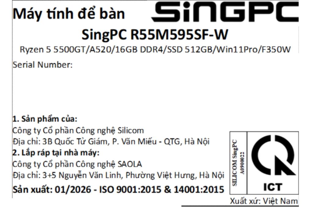 SingPC R55M595SF-W R5 5500GT/16GB/512GB/Bàn phím/Chuột/Win11Pro Màu Đen