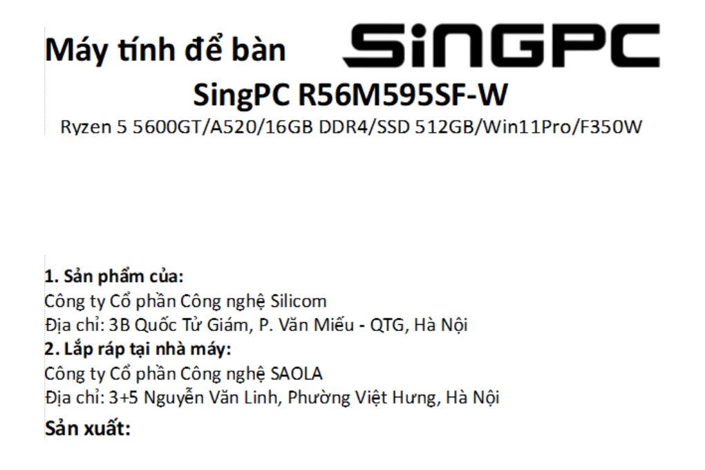 SingPC R56M595SF-W R5 5600GT/16GB/512GB/Bàn phím/Chuột/Win11Pro Màu Đen