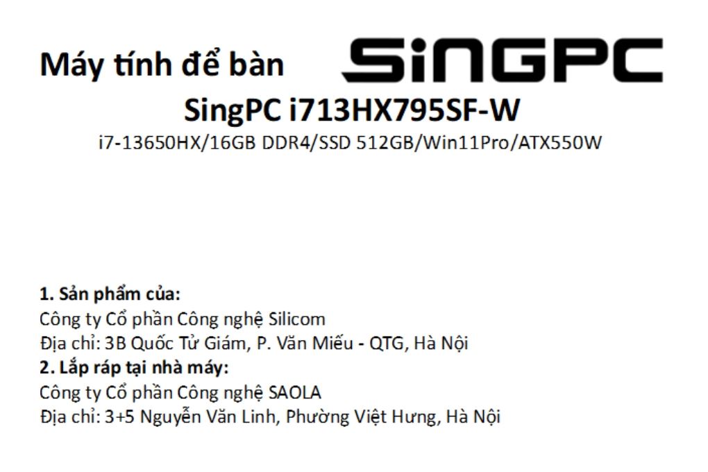 SingPC i713HX795SF-W i7 13650HX/16GB/512GB/Bàn phím/Chuột/Win11Pro Màu Đen