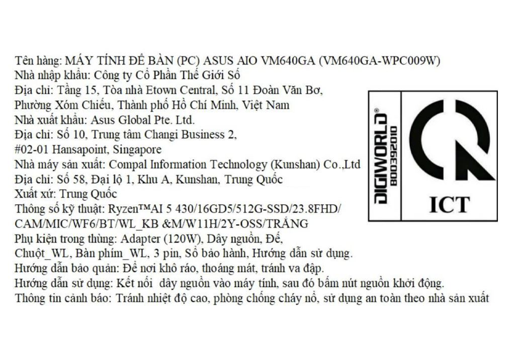 ASUS AIO VM640GA R5 AI 430/16GB/512GB/23.8"Full HD/Bàn phím/Chuột/Win11 (VM640GA-WPC009W) Màu Trắng