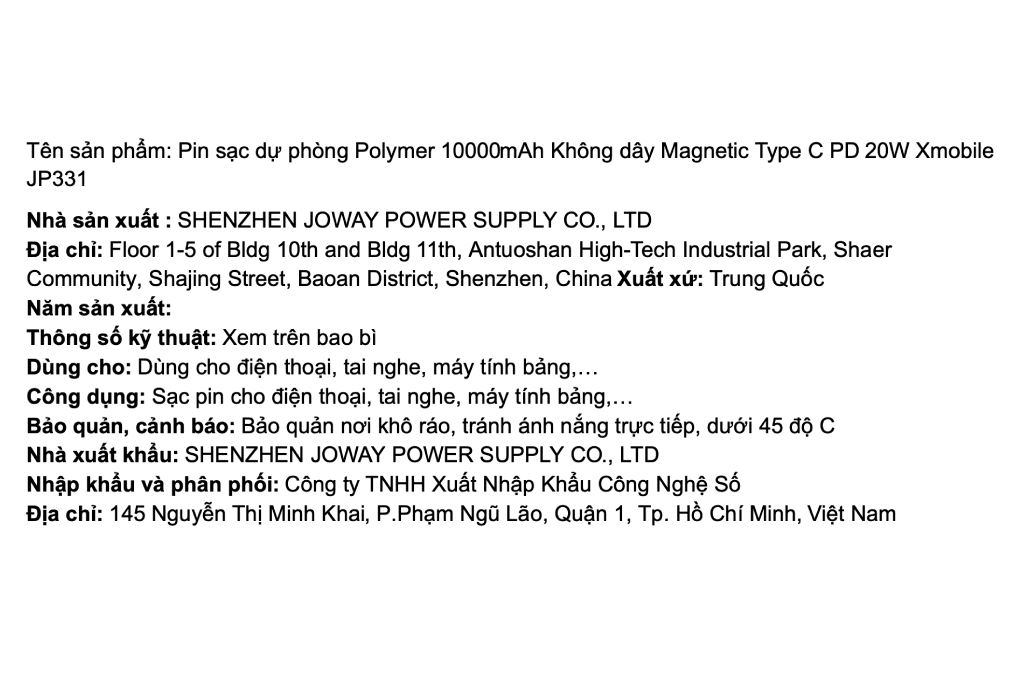 Pin sạc dự phòng Polymer 10000mAh Không dây Magnetic Type C PD 20W Xmobile JP331 Màu Đen