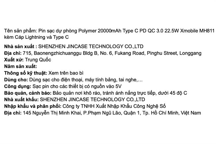 Pin sạc dự phòng Polymer 20000mAh Type C PD QC 3.0 22.5W Xmobile MH811 kèm Cáp Lightning và Type C Màu Xanh mint