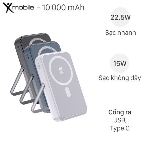 Pin sạc dự phòng Polymer 10000mAh Không dây Magnetic Type C PD QC 3.0 22.5W Xmobile M12-3