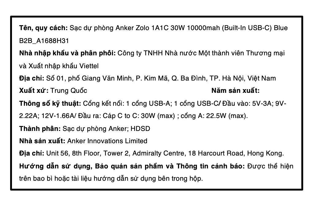 Pin sạc dự phòng Polymer 10000mAh Type C PD QC 3.0 30W Anker Zolo A1688 kèm Cáp Type C Màu Xanh
