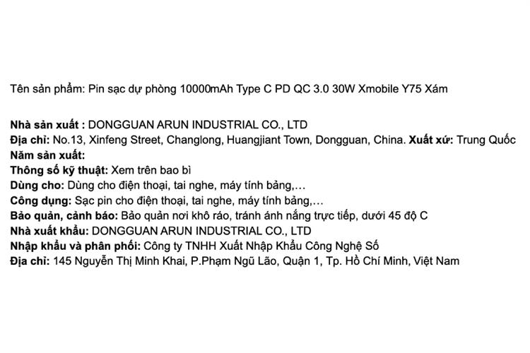 Pin sạc dự phòng 10000mAh Type C PD QC 3.0 30W Xmobile Y75 Màu Xám