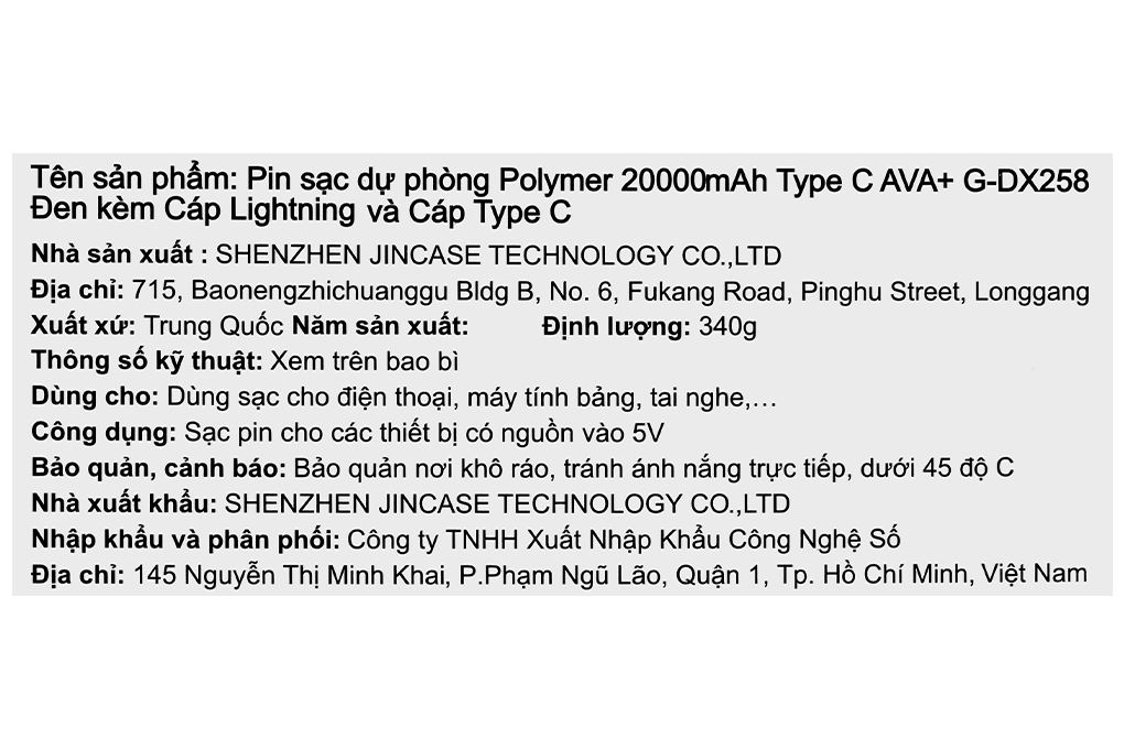 Pin sạc dự phòng Polymer 20000mAh Type C 10.5W AVA+ G-DX258 kèm Cáp Lightning và Cáp Type C Màu Đen