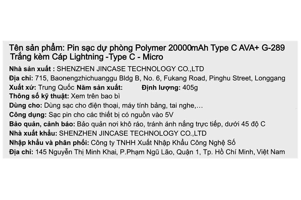 Pin sạc dự phòng Polymer 20000mAh Type C 10.5W AVA+ G-289 kèm Cáp Lightning - Type C - Micro Màu Trắng