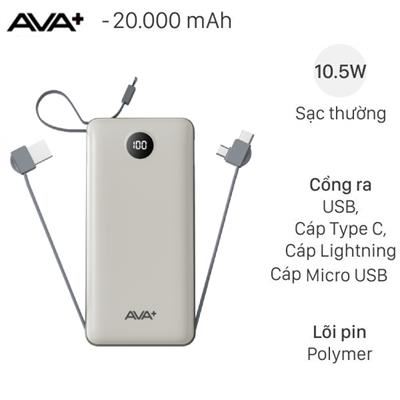 Pin sạc dự phòng Polymer 20000mAh Type C 10.5W AVA+ G-289 kèm Cáp Lightning - Type C - Micro