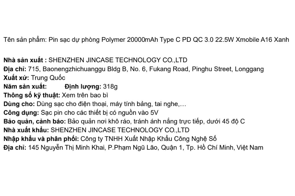 Pin sạc dự phòng Polymer 20000mAh Type C PD QC 3.0 22.5W Xmobile A16 - 5