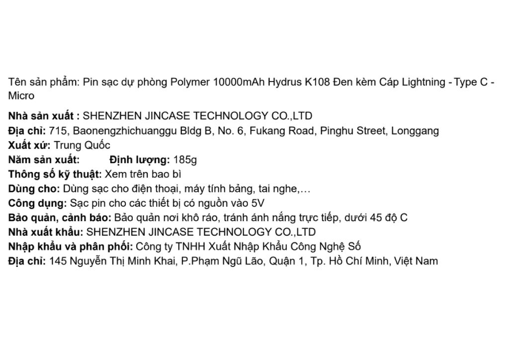 Pin sạc dự phòng Polymer 10000mAh Type C 10.5W Hydrus K108 kèm Cáp Lightning - Type C - Micro Màu Đen