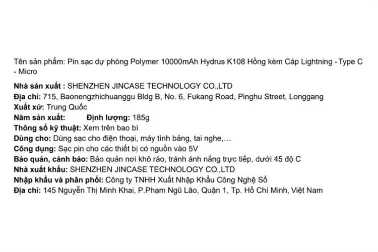 Pin sạc dự phòng Polymer 10000mAh Type C 10.5W Hydrus K108 kèm Cáp Lightning - Type C - Micro Màu Hồng