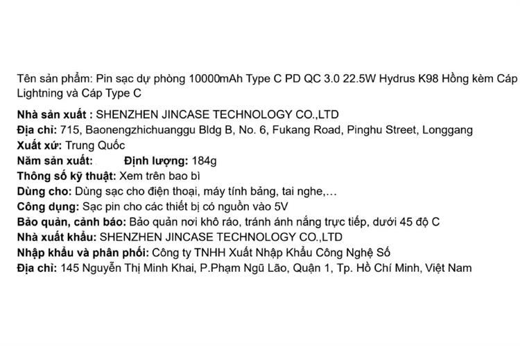 Pin sạc dự phòng 10000mAh Type C PD QC 3.0 22.5W Hydrus K98 kèm Cáp Lightning và Cáp Type C Màu Hồng