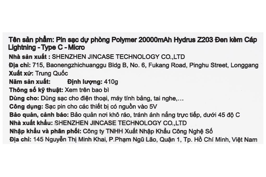 Pin sạc dự phòng Polymer 20000mAh Type C 10W Hydrus Z203 kèm Cáp Lightning - Type C - Micro - USB Màu Đen