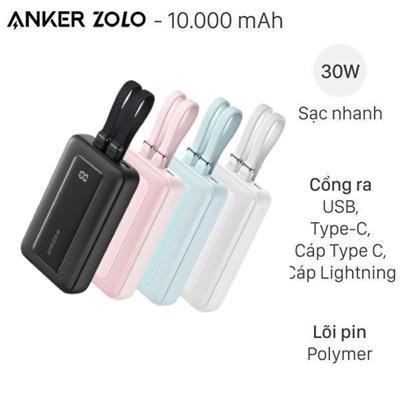 Pin sạc dự phòng Polymer 10000mAh Type C PD QC 3.0 30W Anker Zolo A1680 kèm Cáp Lightning và Type C