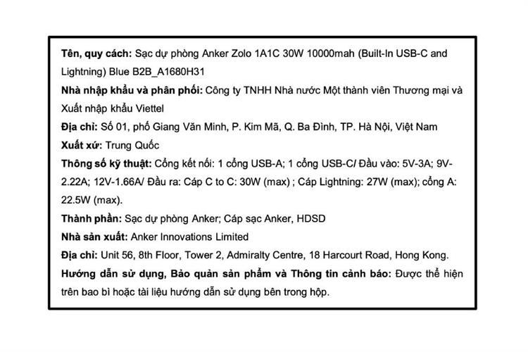 Pin sạc dự phòng Polymer 10000mAh Type C PD QC 3.0 30W Anker Zolo A1680 kèm Cáp Lightning và Type C Màu Xanh Dương