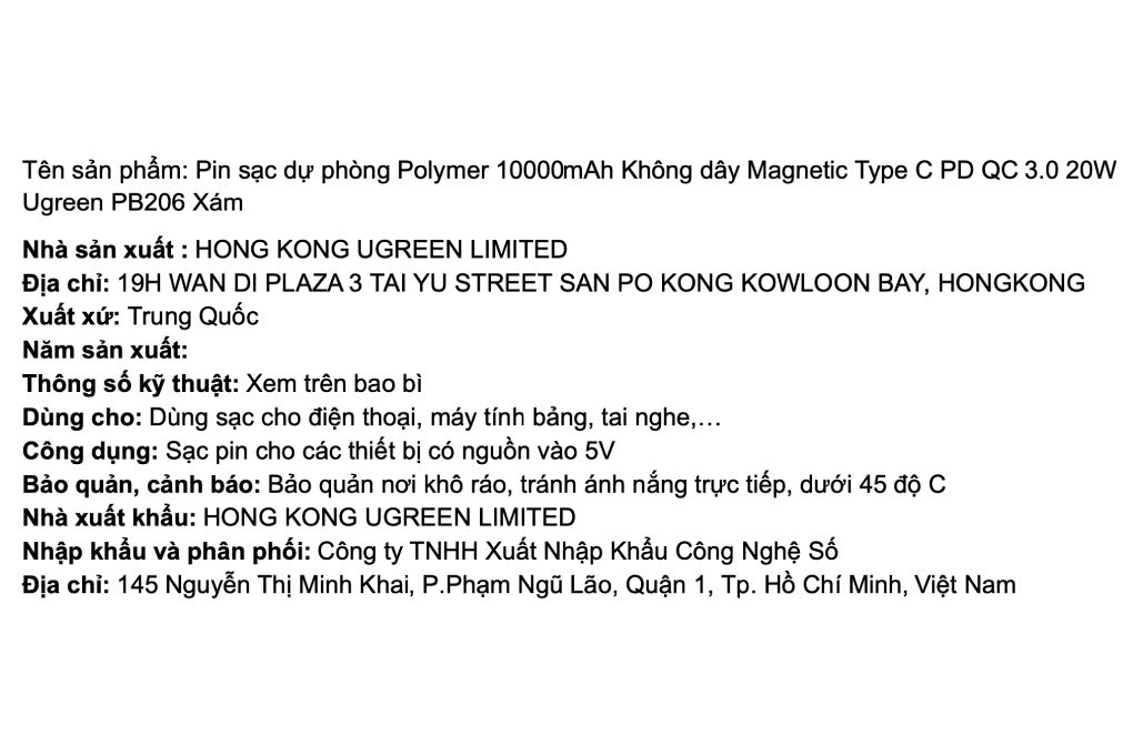 Pin sạc dự phòng Polymer 10000mAh Không dây Magnetic Type C PD QC 3.0 20W Ugreen PB206 Màu Xám