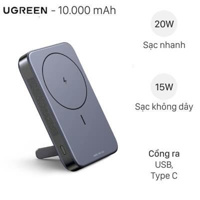 Pin sạc dự phòng Polymer 10000mAh Không dây Magnetic Type C PD QC 3.0 20W Ugreen PB206