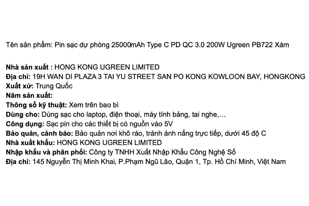 Pin sạc dự phòng 25000mAh Type C PD QC 3.0 200W Ugreen PB722 Màu Xám