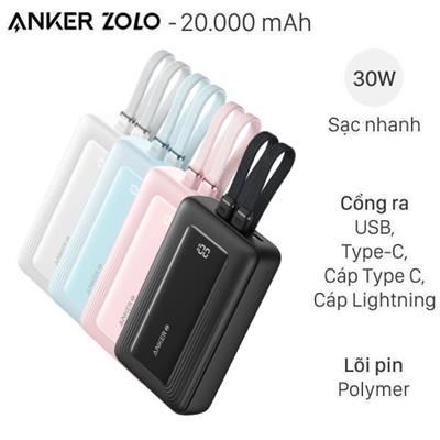 Pin sạc dự phòng Polymer 20000mAh Type C PD QC 3.0 30W Anker Zolo A1681 kèm Cáp Lightning và Type C