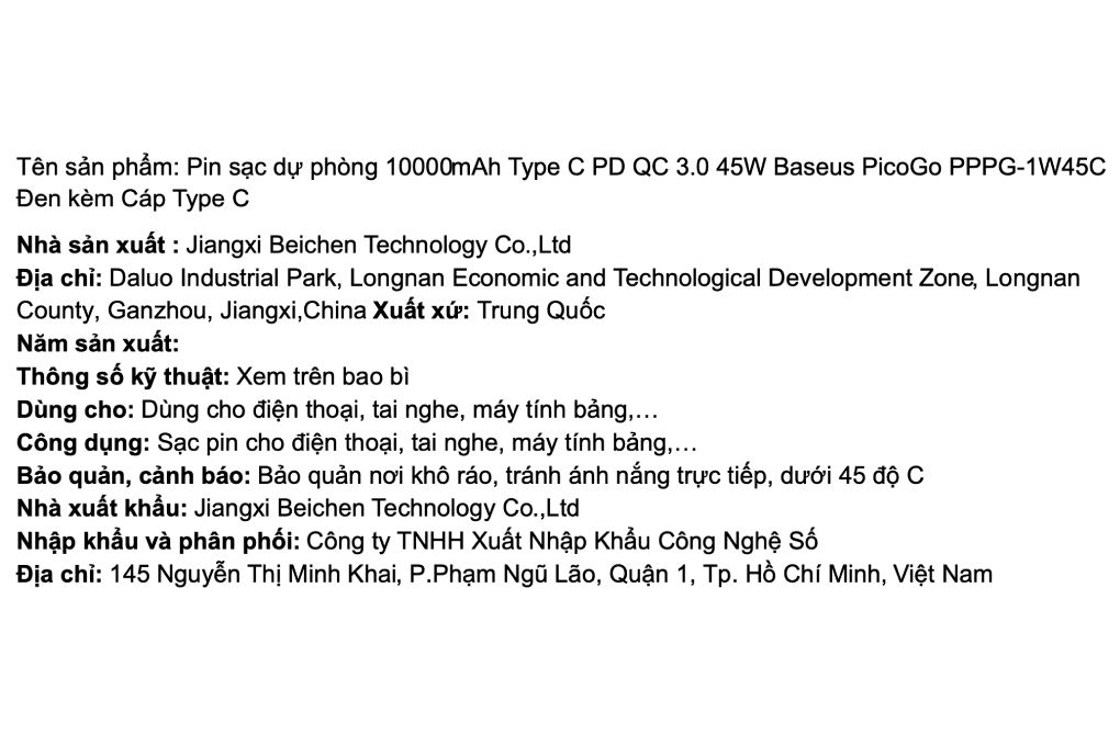 Pin sạc dự phòng 10000mAh Type C PD QC 3.0 45W Baseus PicoGo PPPG-1W45C kèm Cáp Type C - 5