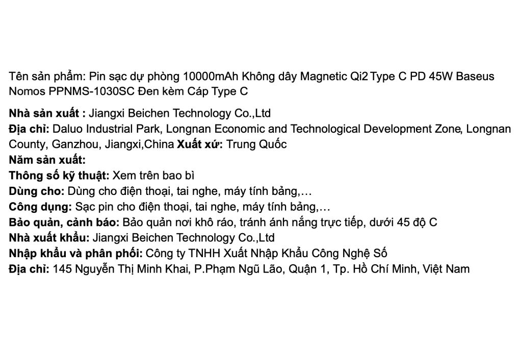 Pin sạc dự phòng 10000mAh Không dây Magnetic Qi2 Type C PD 45W Baseus Nomos PPNMS-1030SC kèm Cáp Type C Màu Đen