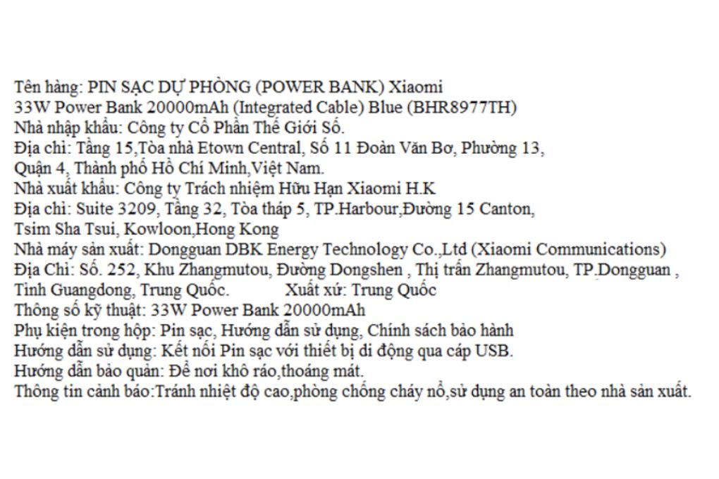Pin sạc dự phòng 20000mAh Type C PD QC 3.0 33W Xiaomi PB2030MI kèm Cáp Type C Màu Xanh