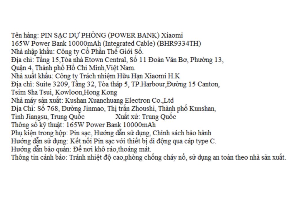 Pin sạc dự phòng 10000mAh Type C PD QC 3.0 165W Xiaomi PB1165MI kèm Cáp Type C Màu Đen