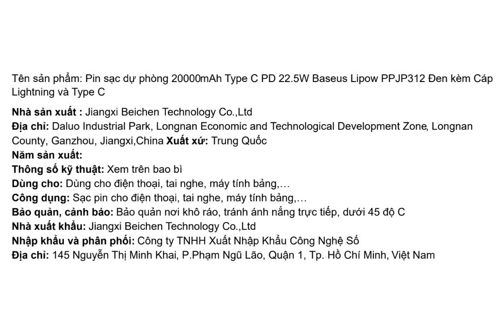 Pin sạc dự phòng 20000mAh Type C PD 22.5W Baseus Lipow PPJP312 kèm Cáp Lightning và Type C Màu Đen