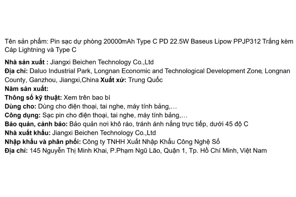 Pin sạc dự phòng 20000mAh Type C PD 22.5W Baseus Lipow PPJP312 kèm Cáp Lightning và Type C Màu Trắng